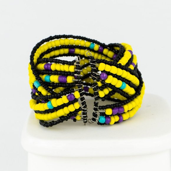 Multicolor Beaded Bracelet Open Cuff Memory Wire Yellow Black Purple Turquoise - Picture 3 of 5